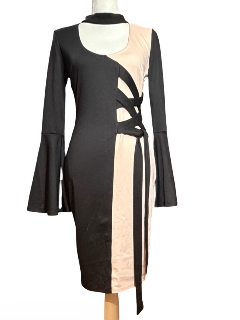 Venus Black/Blush Cutout Tie-Waist Lace-Up Bell Sleeve Bodycon Dress, XS NWOT